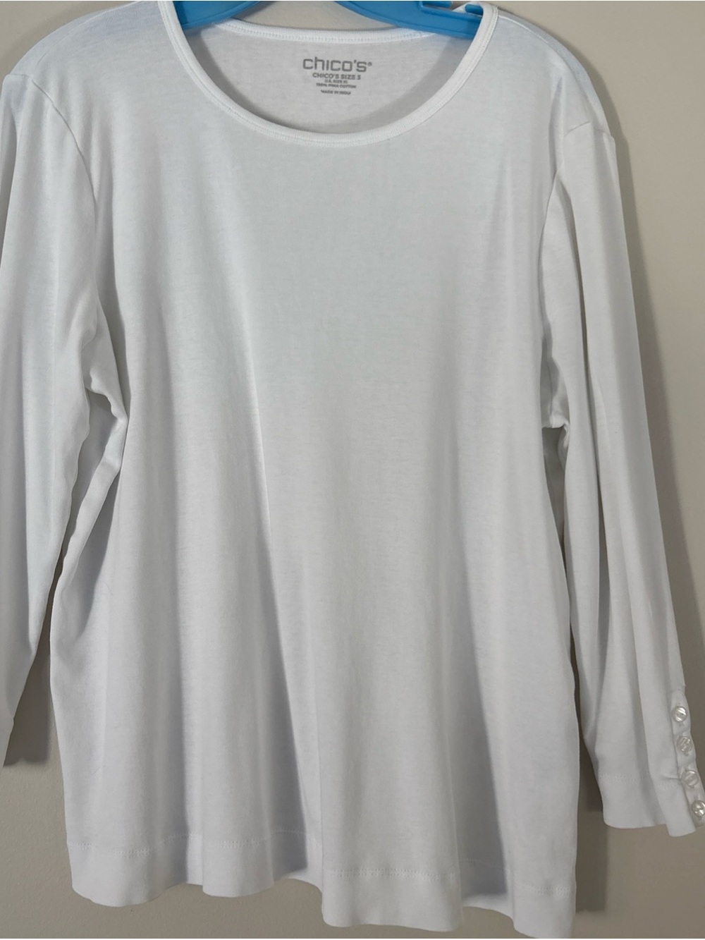 Chico's White Long-Sleeve Scoop Neck Top with Button Cuff - Picture 1 of 6